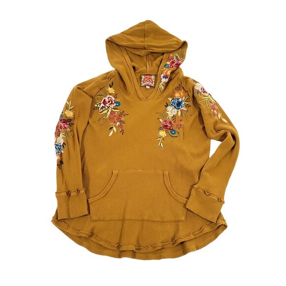 Isla Thermal floral Embroidered Hoodie Johnny Was M Mustard Yellow Cotton Boho - Picture 1 of 13